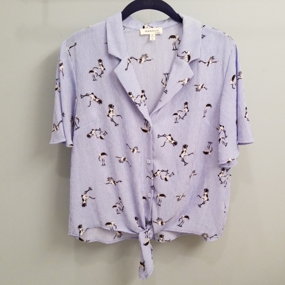 Monteau Blue & White Striped w/Cranes Top Size L